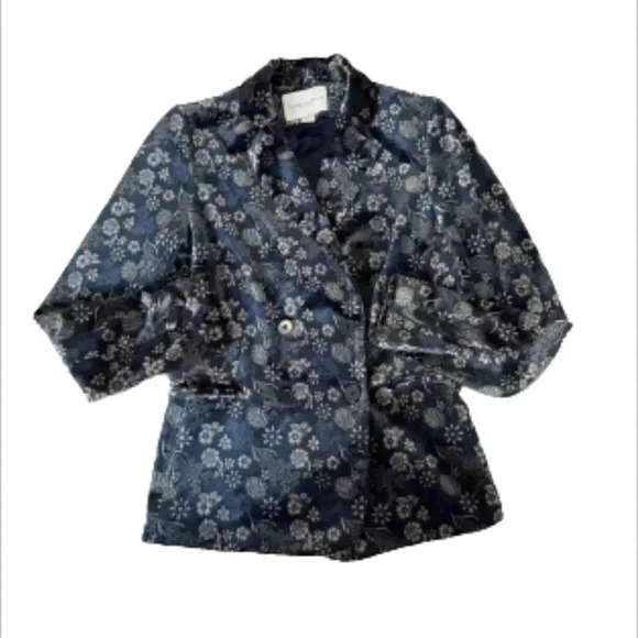 CAROLINA BELLE BLAZER BLUE & TAN FLORAL PRINT VELVET DOUBLE BREASTED - Picture 4 of 12